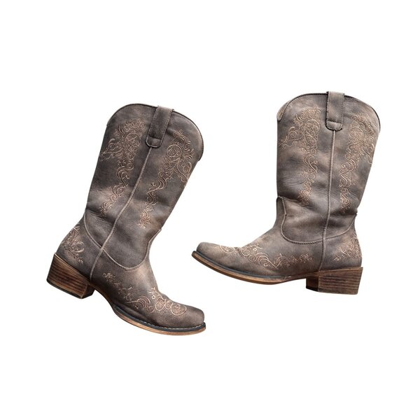 Roper Brown Tall Stuff Western Boots Brown Snip Toe Embroidered Design Size 8 - Picture 2 of 9